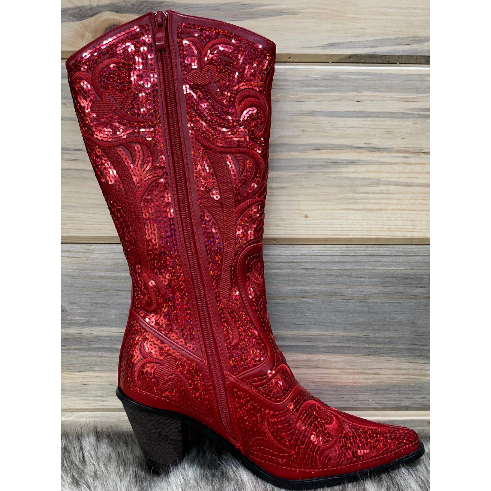 New Helen's Heart Tall Sequin Boots In Red